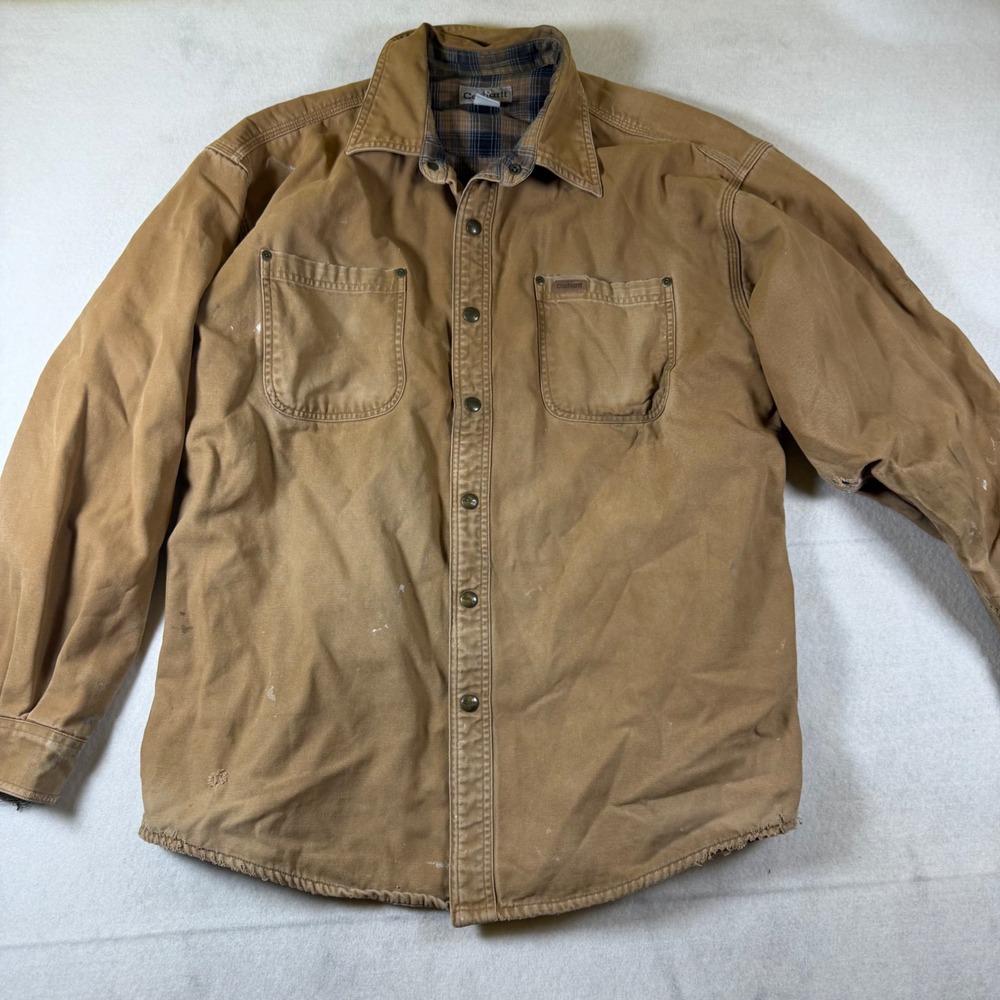 Carhartt Mens Flannel Lined Canvas Shirt Jacket Tan Distressed Workwear Large - Picture 2 of 4